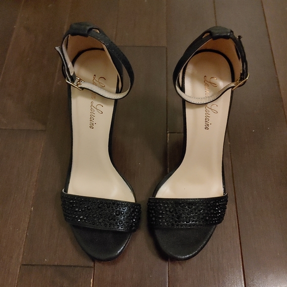 LAUREN LORRAINE Shimmery Black Arielle Ankle Strap Heels Size 8 - Picture 2 of 6